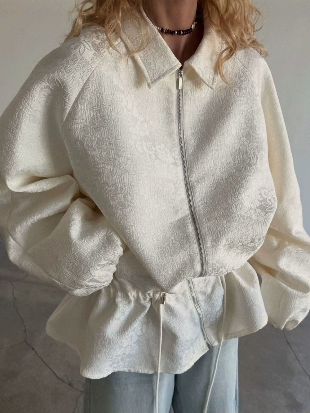 Jacquard Zip-Up Peplum Jacket
